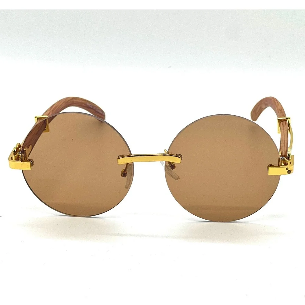 Rimless Sunglasses Round‎ Lens Wood Arms Gold Accents Men's Fashion Street Wear